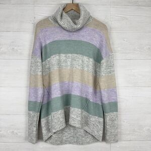 Gap Brushed Turtleneck Sweater Women L Striped Green Purple Relaxed Preppy Cozy